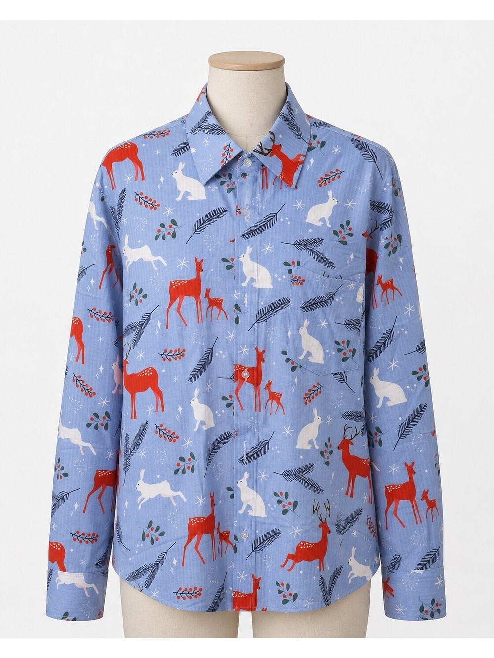 Bojin NWT Womens L Blue Deer Rabbit Winter Print Button Up Shirt - Picture 1 of 5